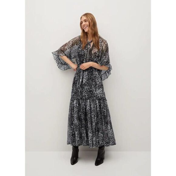 Mango Animal Print Long Ruffle Dress New - Picture 5 of 11